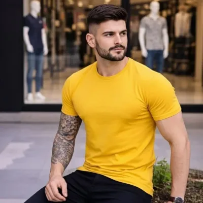 Muška žuta slim fit sa likrom bicikli kragna body majica 1