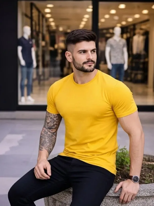 Muška žuta slim fit sa likrom bicikli kragna body majica 1