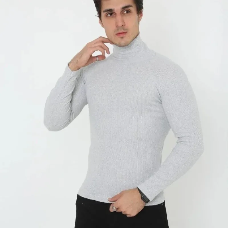 Pánské šedé slim fit lycrové žebrované rolák body