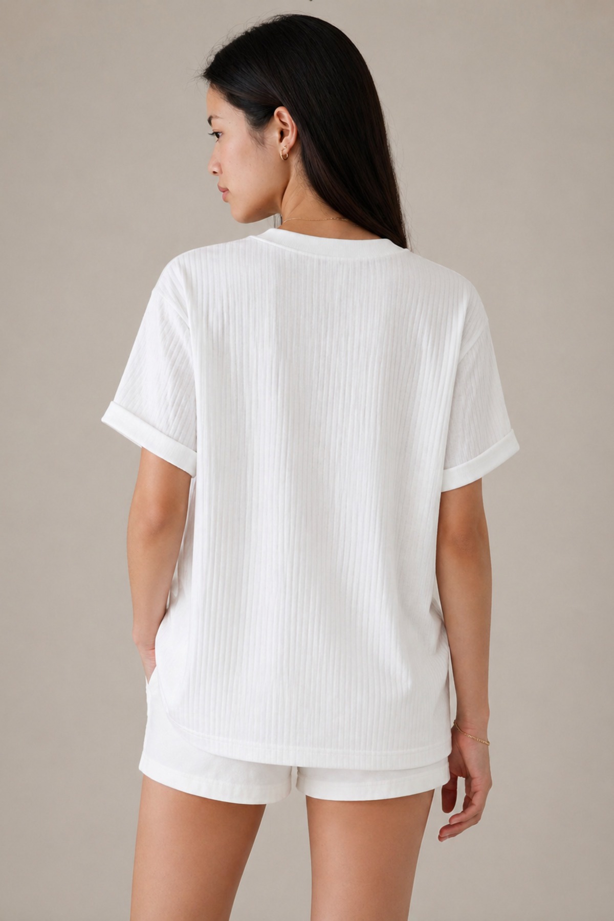 Kadın Siyah Beyaz 2'li Fitilli Oversize Pamuk Basic Tişört Seti 6