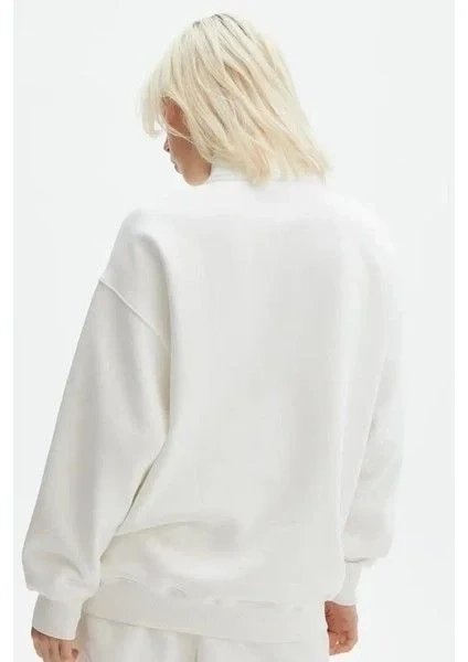 Γυναικείο Λευκό Oversize Βαμβακερό Basic Φούτερ με Μισό Φερμουάρ 2