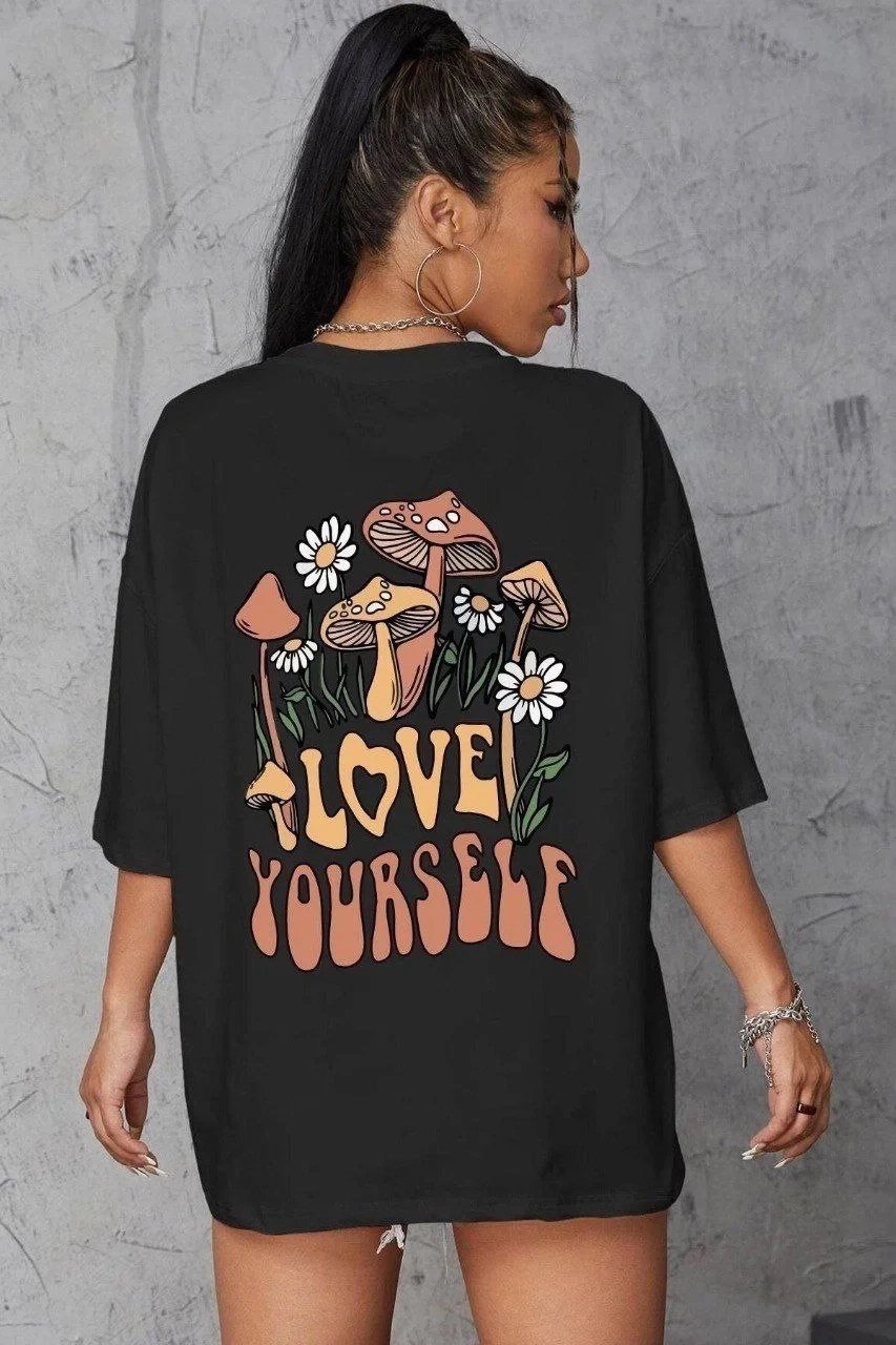 Γυναικείο Μαύρο Oversize Τυπωμένο Κοντό Μανίκι T-Shirt