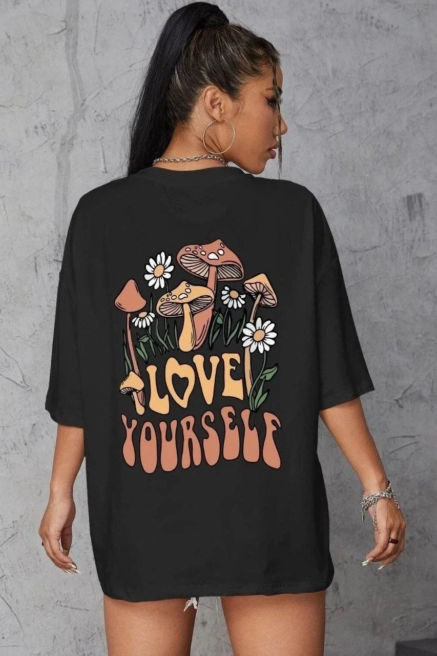 Ženski crni Oversize print kratki rukav Majica