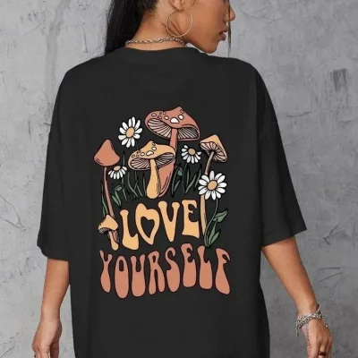 Ženski crni Oversize print kratki rukav Majica 1