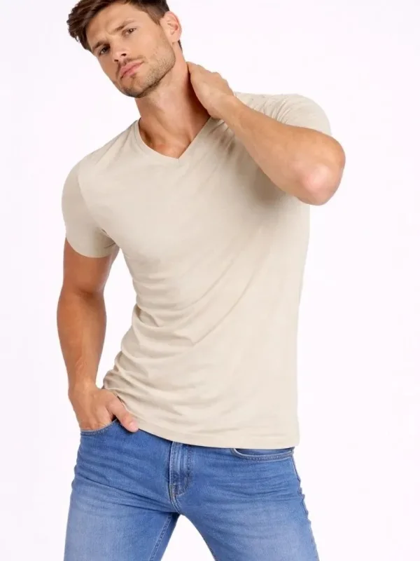Ανδρικό Πέτρινο Slim Fit V Λαιμόκοψη Με Λύκρα Κοντό Μανίκι Μπλουζάκι 1