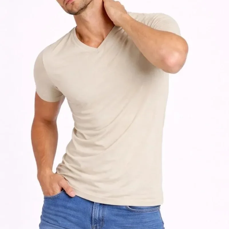 Ανδρικό Πέτρινο Slim Fit V Λαιμόκοψη Με Λύκρα Κοντό Μανίκι Μπλουζάκι