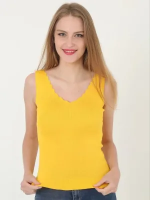 Ženska žuta V-izrez volan detalj pamučna crop