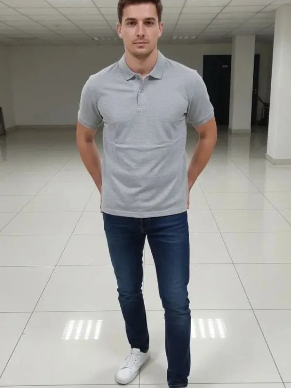 Kişi Boz Regular Pike Parça Düyməli Polo Yaxalı Köynək 2