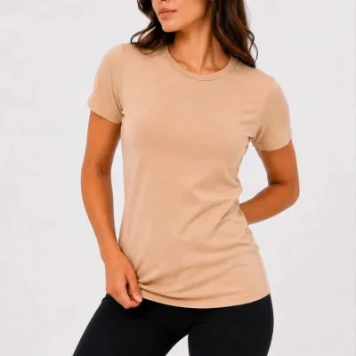 Femeie Bej Slim Guler Bicicleta Basic Maneca Scurta Tricou 2