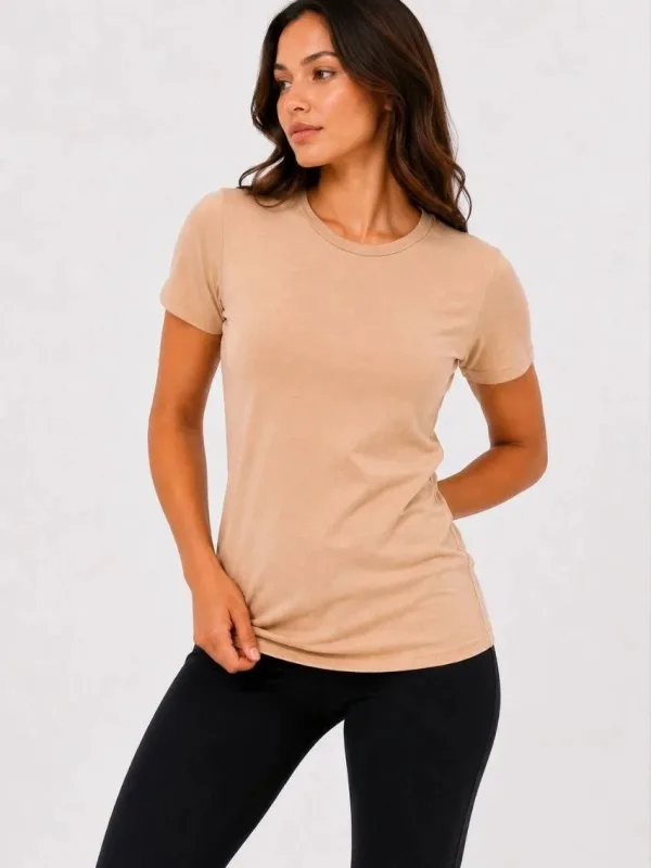 Femeie Bej Slim Guler Bicicleta Basic Maneca Scurta Tricou 2