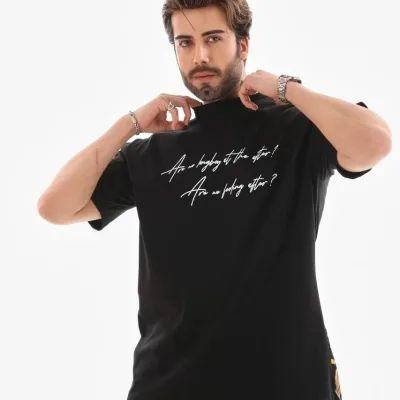 Muška crna oversized bicikli kragna štampana letnja majica 5