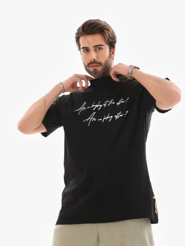 Muška crna oversized bicikli kragna štampana letnja majica 5