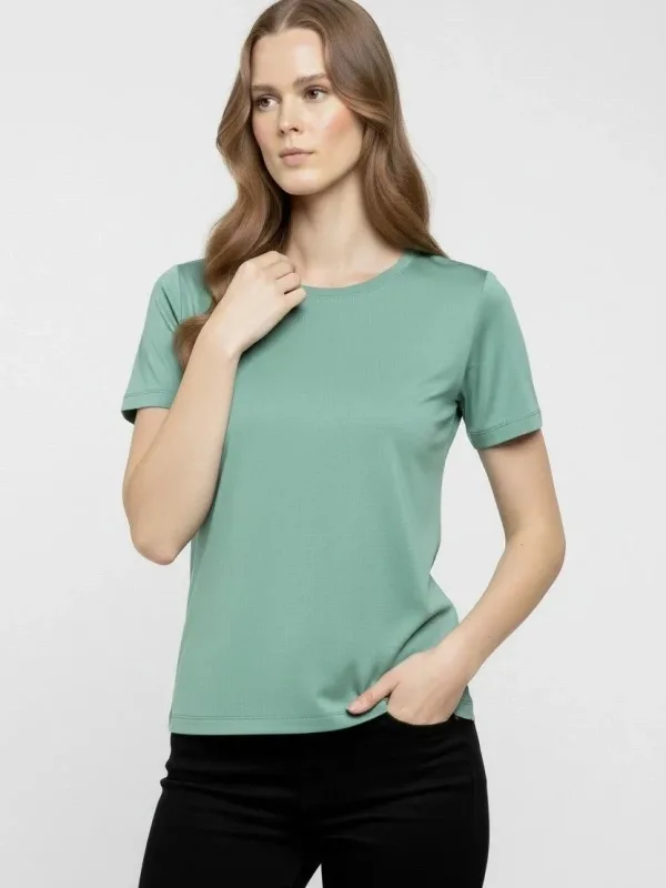 Γυναικείο Μίντι Πράσινο Slim Fit Με Λύκρα Στρογγυλή Λαιμόκοψη Βασικό T-Shirt 1