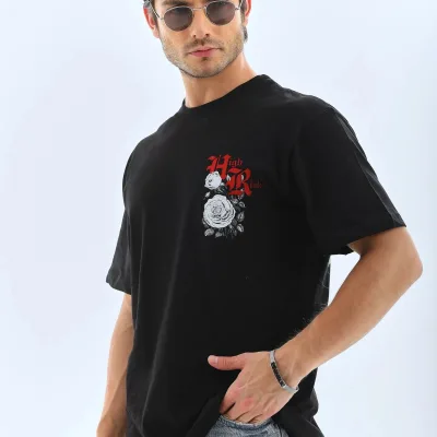 Ανδρικό Μαύρο Oversize Ποδηλατόλαιμο Τυπωμένο T-shirt 6