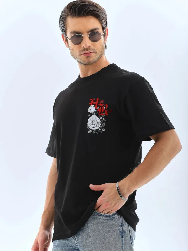 Ανδρικό Μαύρο Oversize Ποδηλατόλαιμο Τυπωμένο T-shirt 6