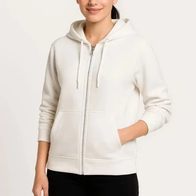 Női Fehér Teljes Cipzáras 3 Szálas Kapucnis Kenguru Zsebes Sweatshirt 2