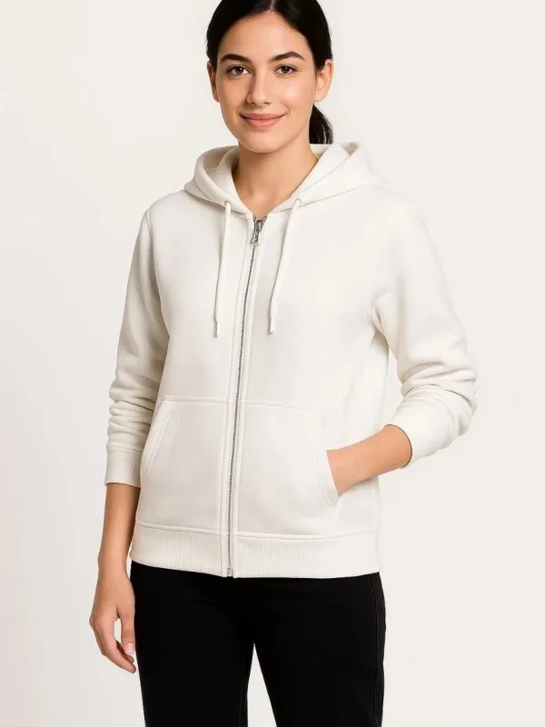 Női Fehér Teljes Cipzáras 3 Szálas Kapucnis Kenguru Zsebes Sweatshirt 2