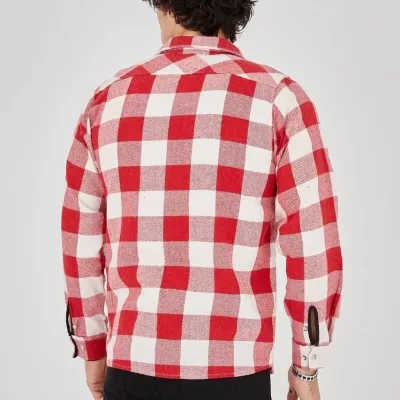 Férfi Piros Regular Fit Kockás Bolyhozott Hosszú Ujjú Favágó Ing 4