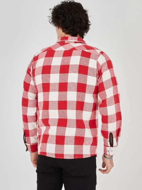 Férfi Piros Regular Fit Kockás Bolyhozott Hosszú Ujjú Favágó Ing 4