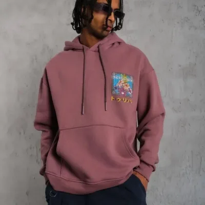 Men's Dusty Rose Oversize 3-Thread Cotton Printed Hooded Sweatshirt 2