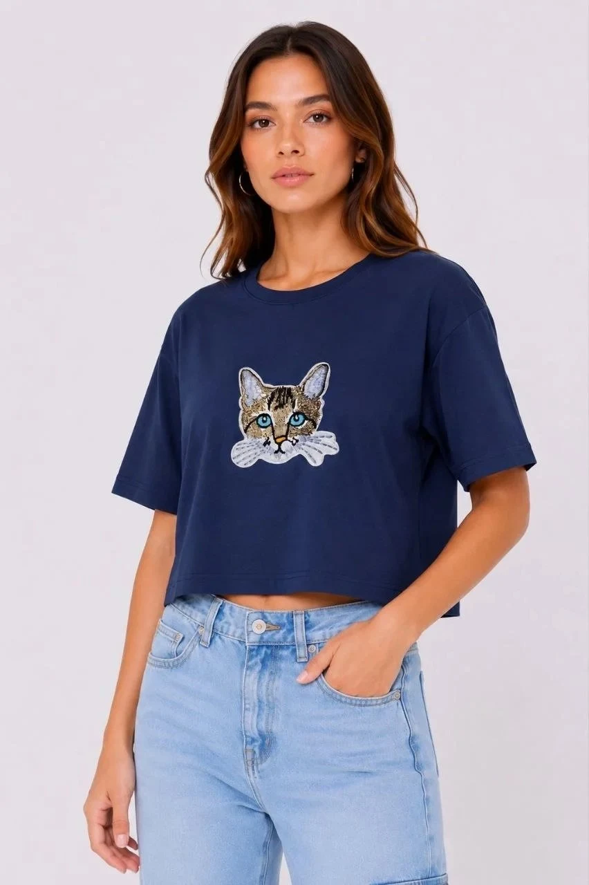 Ženska Tamnoplava Oversize Mačka Print Crop Majica