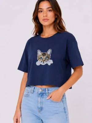 Dámské tmavě modré oversized crop tričko s potiskem kočky
