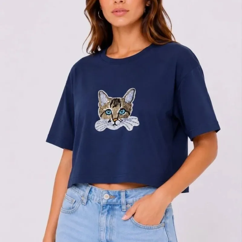 Женски темно син oversize мачка печатена crop маица