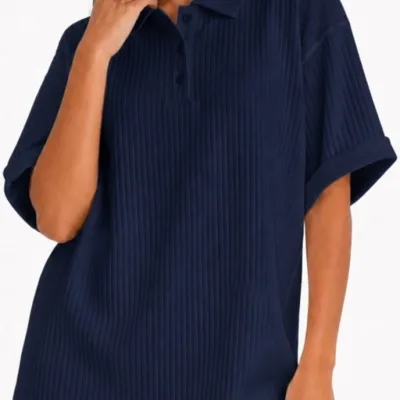 Tamnoplava Oversize Unisex Pamučna Polo Kragna Majica 2