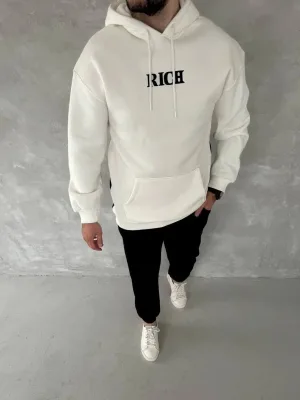 Férfi Fehér 3 Szálas Pamut Nyomott Kapucnis Kenguru Zsebes Sweatshirt