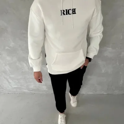 Férfi Fehér 3 Szálas Pamut Nyomott Kapucnis Kenguru Zsebes Sweatshirt 1