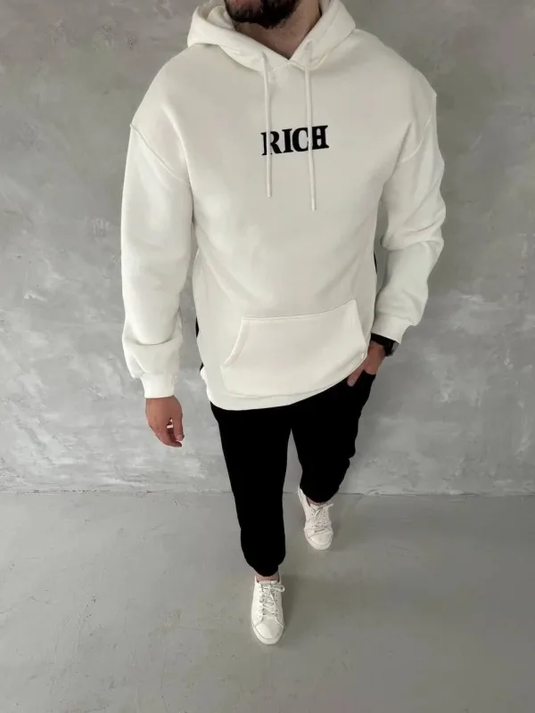 Férfi Fehér 3 Szálas Pamut Nyomott Kapucnis Kenguru Zsebes Sweatshirt 1