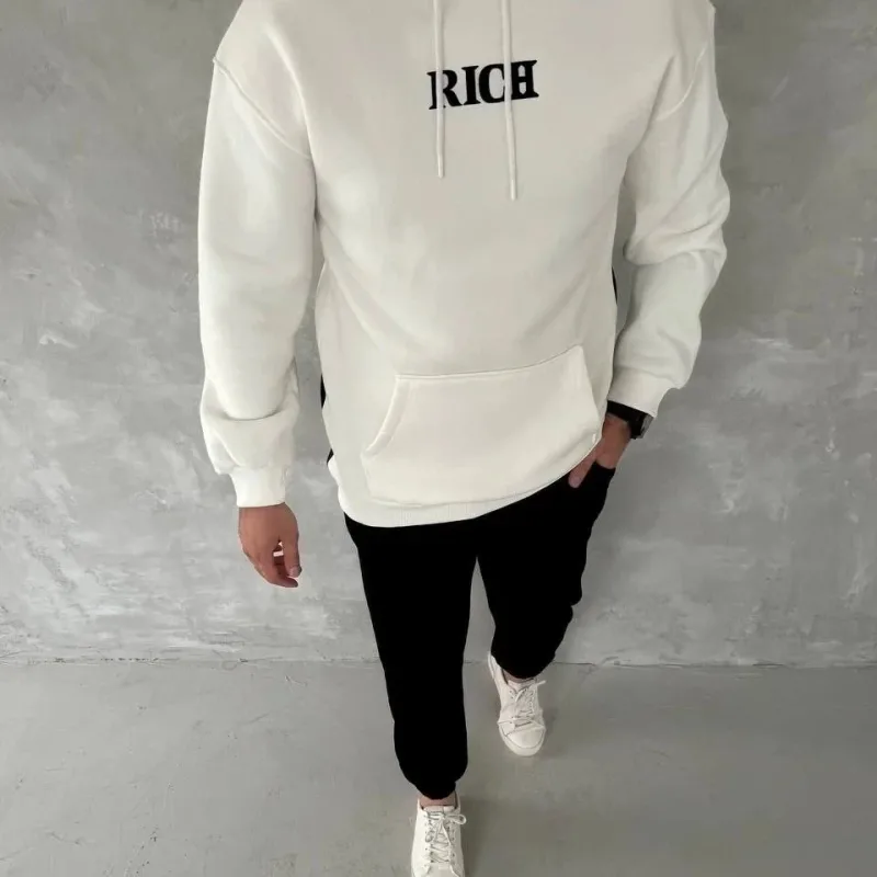 Férfi Fehér 3 Szálas Pamut Nyomott Kapucnis Kenguru Zsebes Sweatshirt