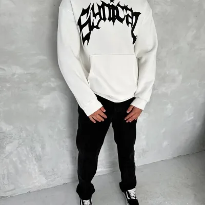 Férfi fehér oversize 3 szálas pamut kapucnis nyomott sweatshirt 3