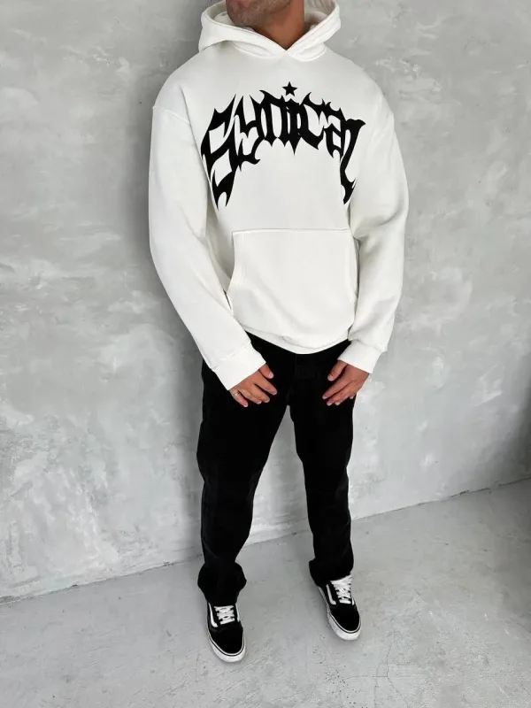 Férfi fehér oversize 3 szálas pamut kapucnis nyomott sweatshirt 3