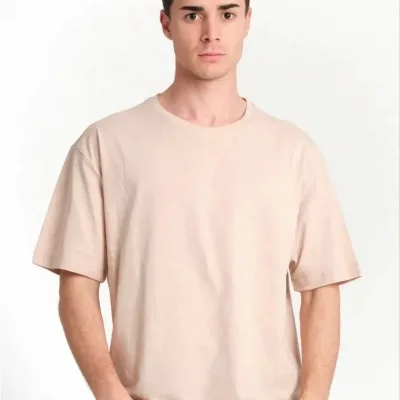 Μπεζ Ανδρικό Oversize Ποδήλατο Λαιμό Απλό Κοντό Μανίκι T-shirt 1