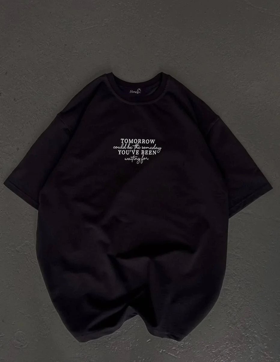 Γυναικείο Μαύρο Oversize Ποδηλατόλαιμο Τυπωμένο Μπλουζάκι
