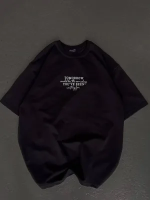 Women's Black Oversize Crew Neck Printed T-Shirt