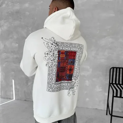 Muška bijela 3 niti pamučna tiskani kapuljača džep klokana sweatshirt 1