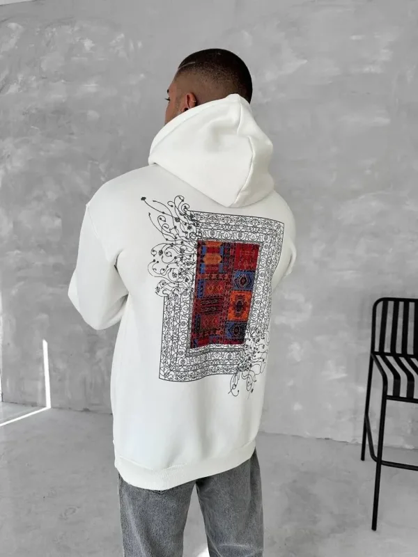 Muška bijela 3 niti pamučna tiskani kapuljača džep klokana sweatshirt 1