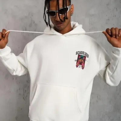 Машки бел Oversize 3-нишки памучен дукс со качулка, печатење и џеб 2