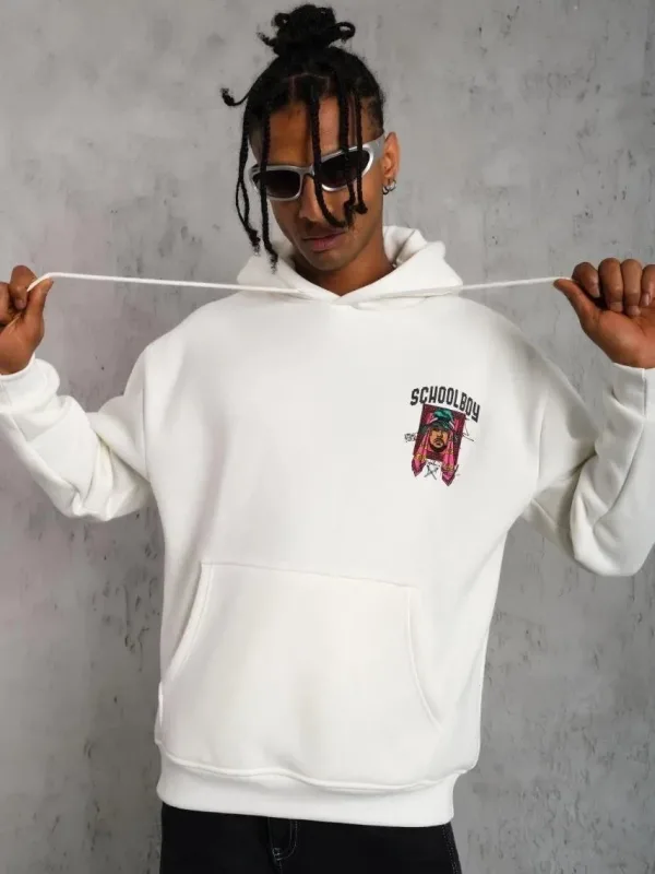 Машки бел Oversize 3-нишки памучен дукс со качулка, печатење и џеб 2