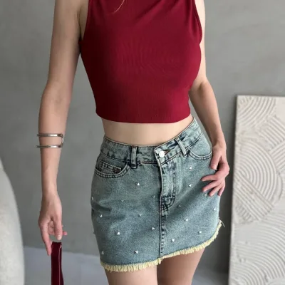 Bluzë Crop Corset me Detaje Rripi në Shpinë Burgundy 4