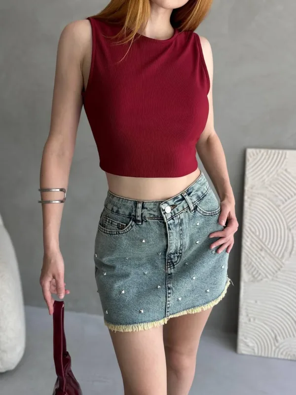 Bluzë Crop Corset me Detaje Rripi në Shpinë Burgundy 4
