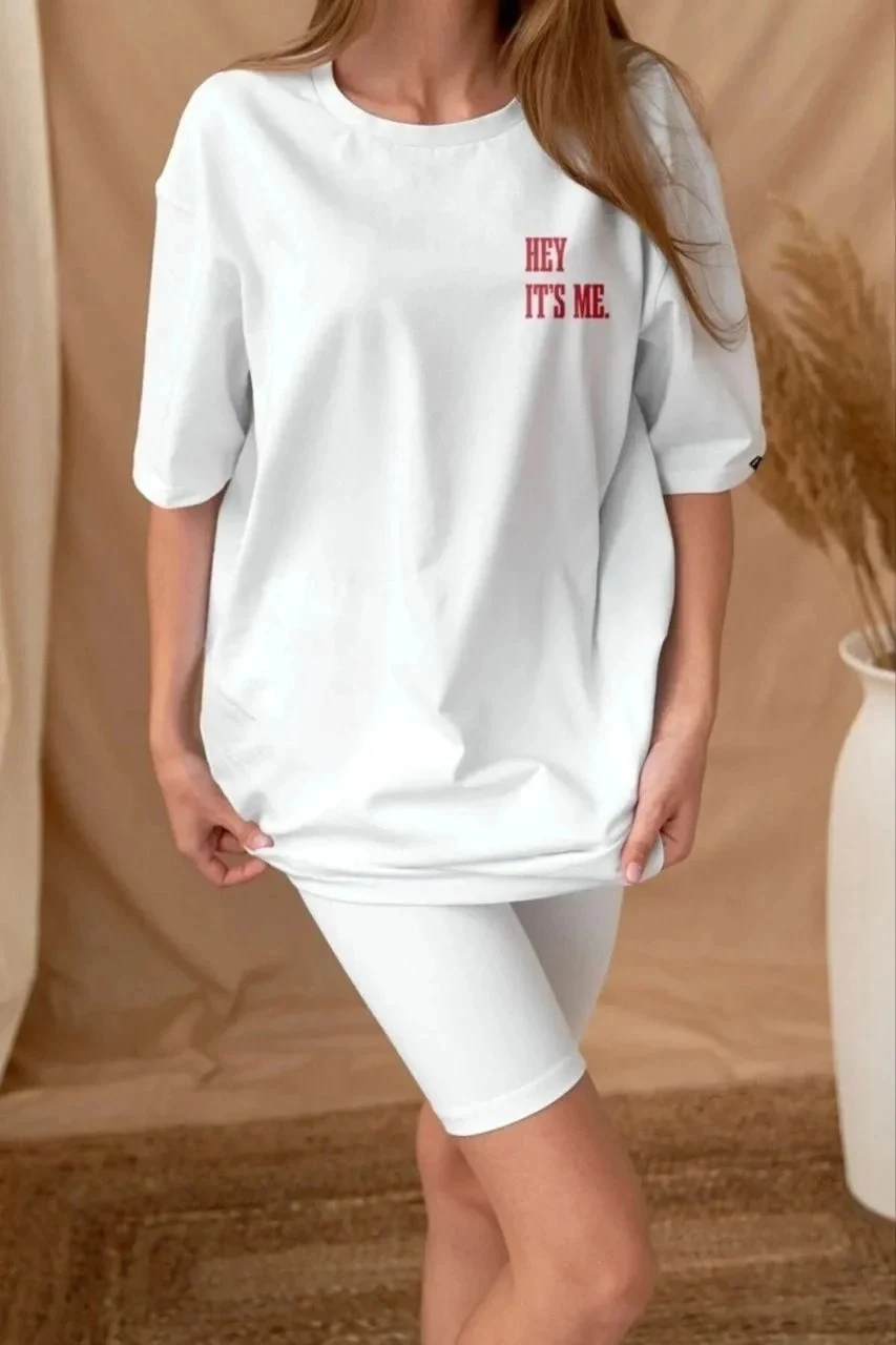 Női fehér oversized biciklinyakú nyomott rövid ujjú póló