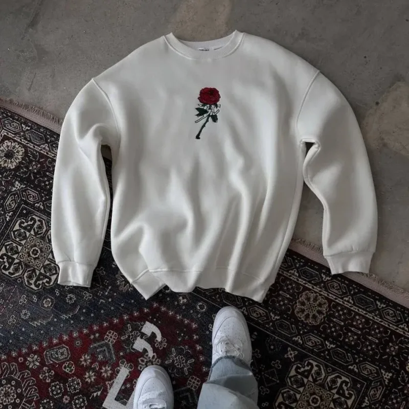 Men's White 3-Thread Cotton Front Back Printed Cycling Neck Sweatshirt