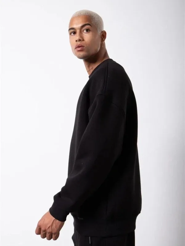 Férfi Fekete Kerékpárnyakú 3 Szálas Pamut Sweatshirt 4