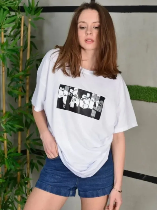 Női fehér oversized biciklinyakú nyomott rövid ujjú póló 2