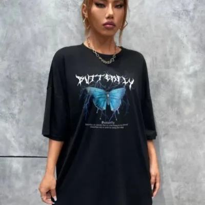Női Fekete Oversize Pillangó Nyomott Rövid Ujjú Póló 4