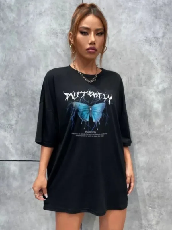 Női Fekete Oversize Pillangó Nyomott Rövid Ujjú Póló 4