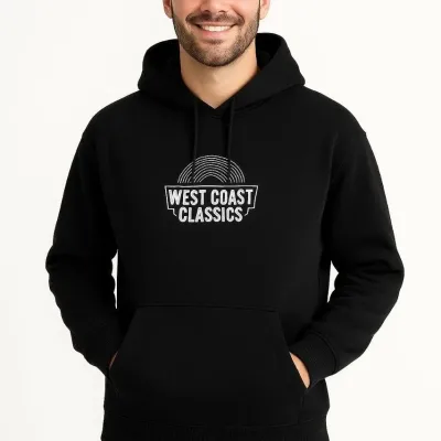 Férfi fekete 3 szálas pamut nyomott kenguru zsebes hoodie 6